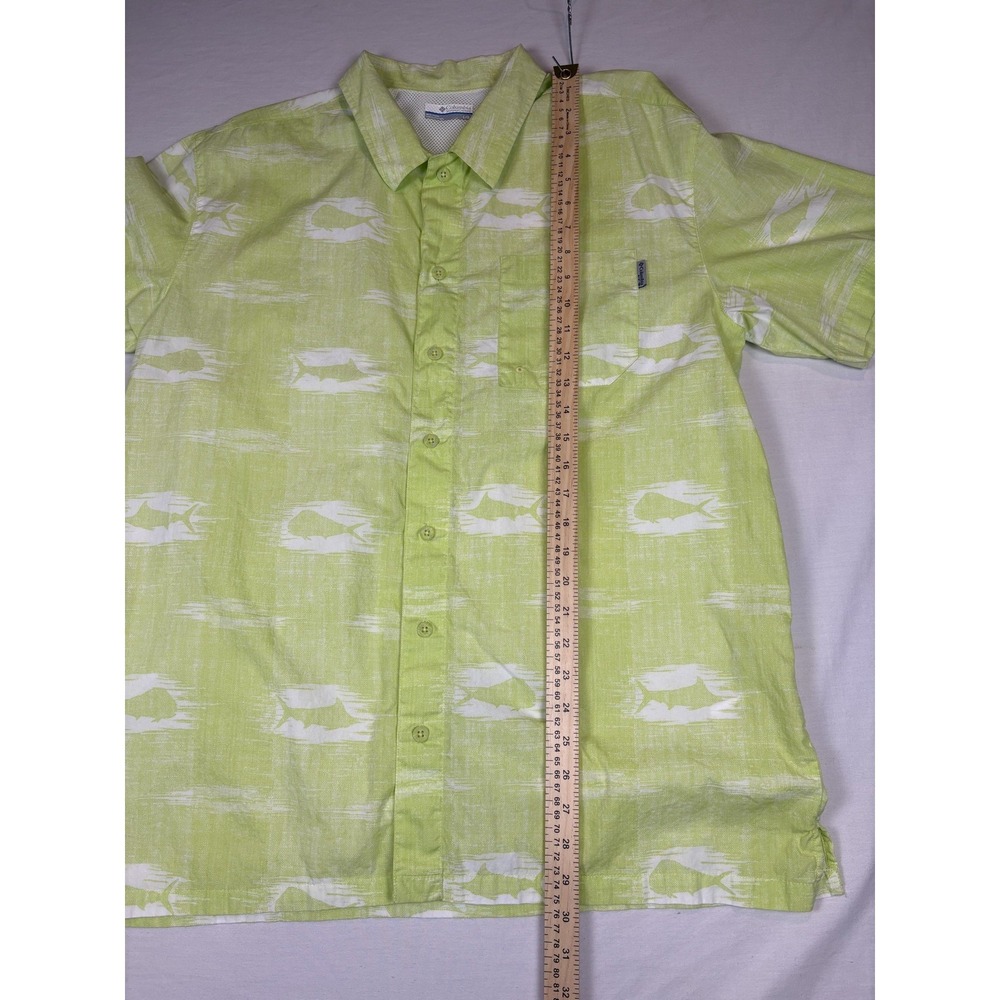 Columbia PFG Shirt Mens Large Lime Green w/Fish Button Up Vented Performance - Picture 5 of 7